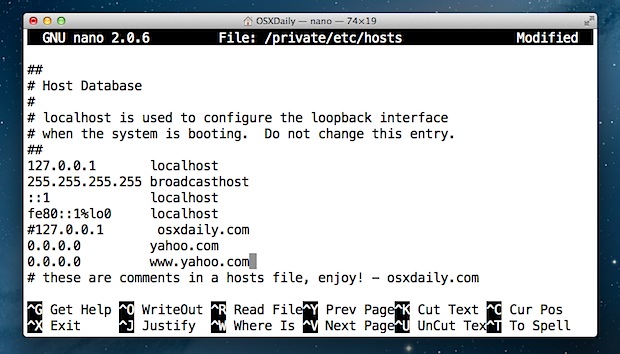 Edit the Hosts file in Mac OS X using Terminal