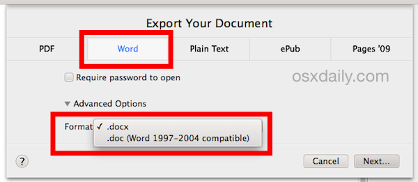 Export Pages files as Word formats