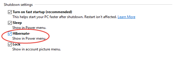 enable hibernate power options win 10