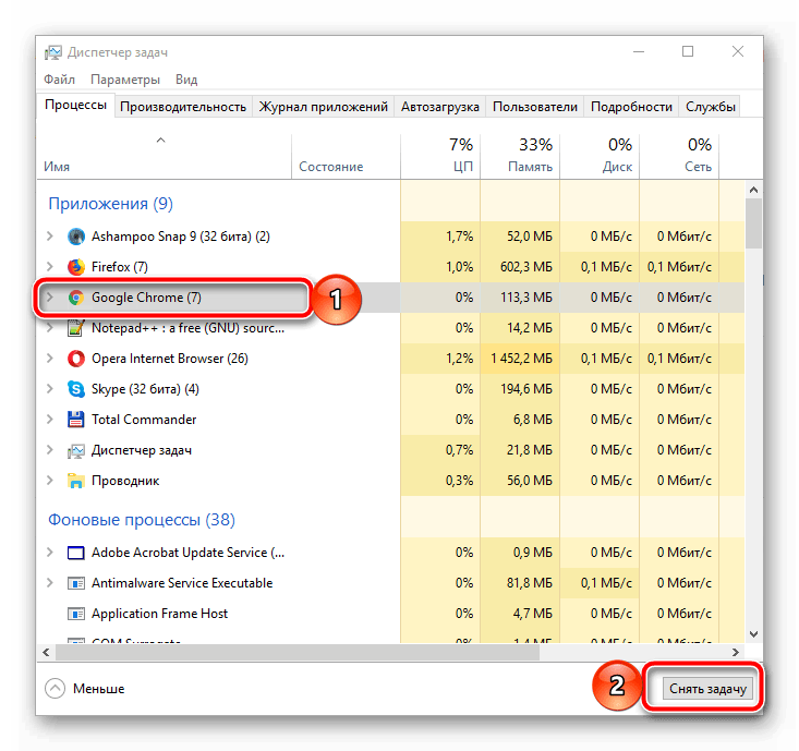 Снять задачу Google Chrome в Диспетчере задач