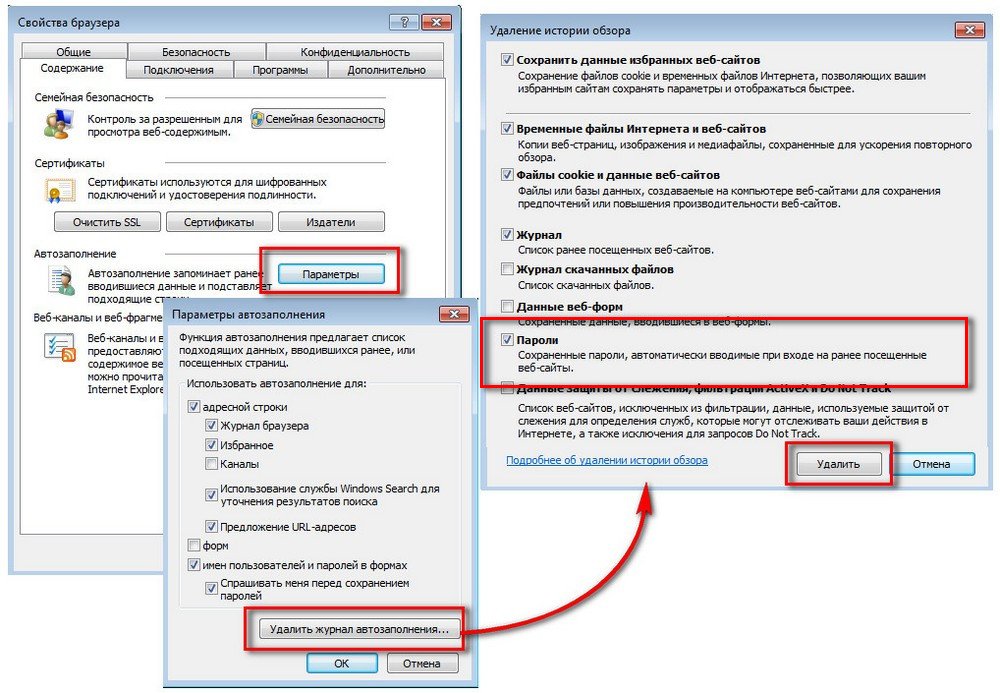Internet Explorer - удаление паролей