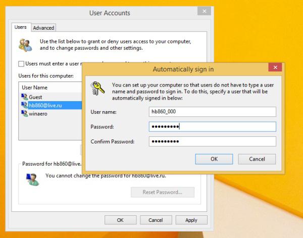 пароль учетной записи windows 8