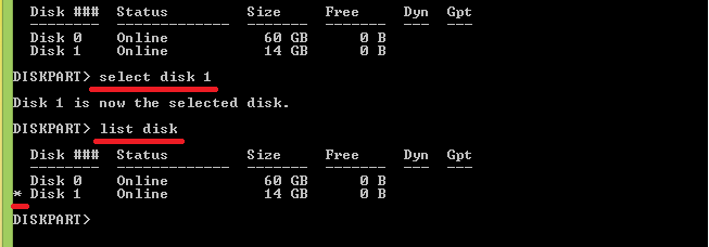 Select disk and List disk