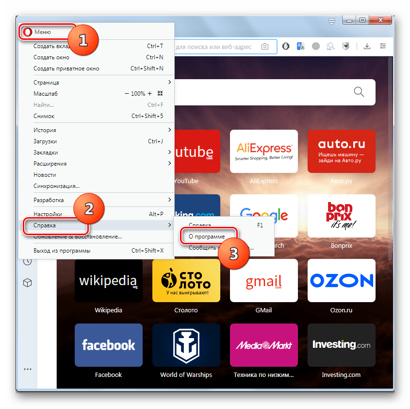 Переход в раздел О программе через меню браузера Opera