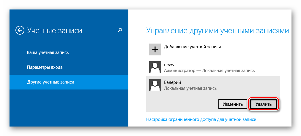Windows 8 Удаление пользователя