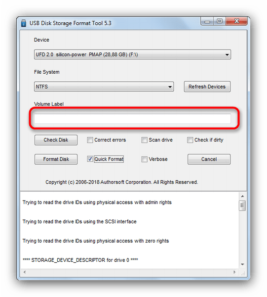 Пункт смены имени флешки в USB Disk Storage Format Tool 5-3