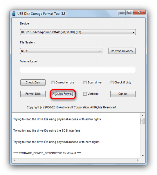Выбрать быстрое форматирование флешки в USB Disk Storage Format Tool 5-3