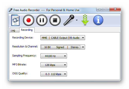 Вкладка Recording в пограмме Free Audio Recorder в Windows 7