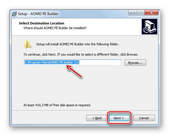 Указание директории инсталляции приложения в Мастере установки программы AOMEI PE Builder в Windows 7
