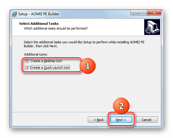 Включение отображения иконки приложения на Рабочем столе и на Панели инструментов в Мастере установки программы AOMEI PE Builder в Windows 7