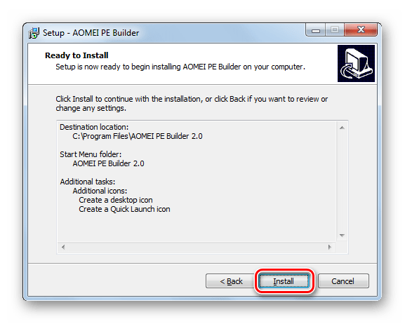 Запуск процедуры инсталляции в Мастере установки программы AOMEI PE Builder в Windows 7