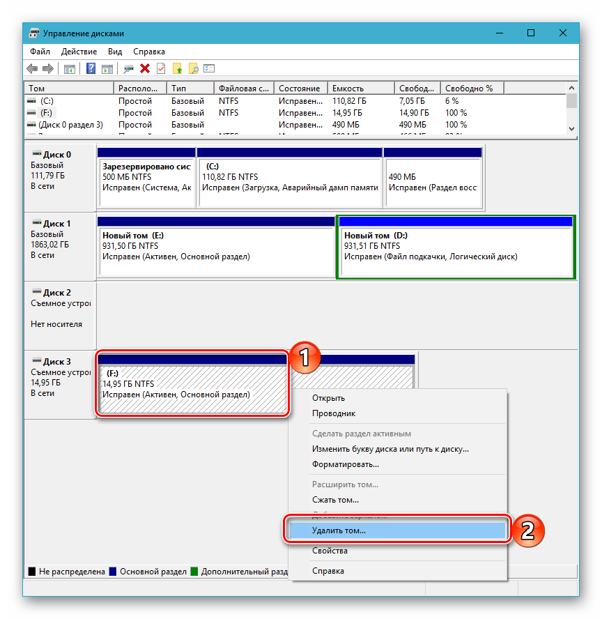 Удаление тома через Управление дисками на компьютере с Windows 10