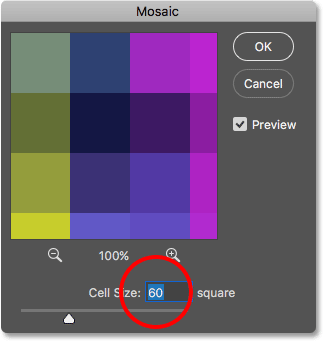 Choosing the Cell Size in the Mosaic filter dialog box