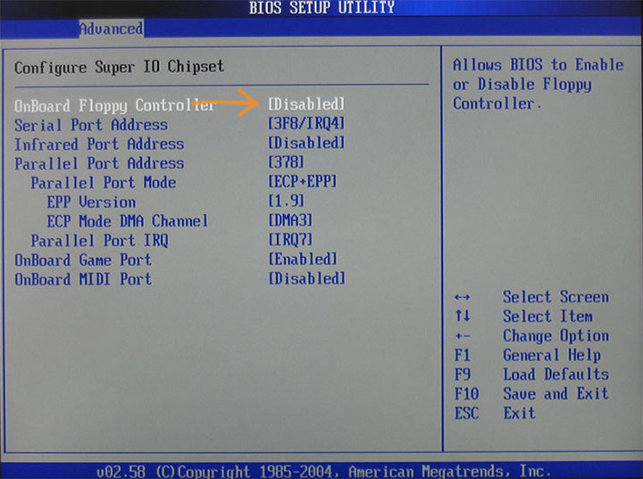 Отключение контроллера Floppy дисков