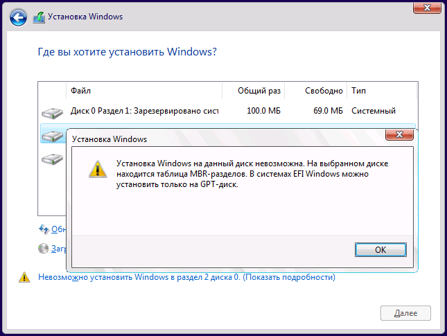 На диске находится таблица MBR-разделов. Установка на данный диск невозможна.