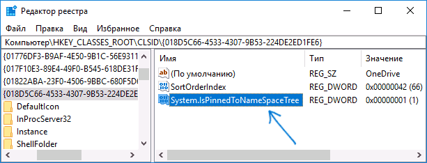 Параметр отображения OneDrive в реестре Windows 10