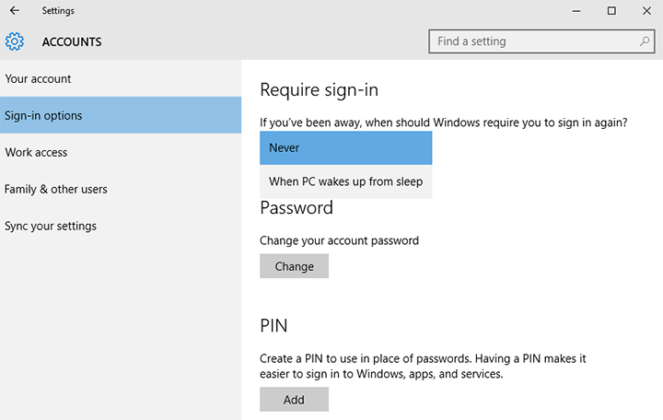 Disable Windows 10 password prompt on wakeup