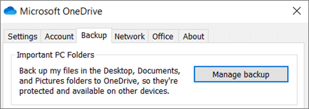 Backup tab in desktop settings for OneDrive