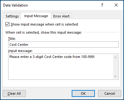 Input message settings in the Data Validation dialog box