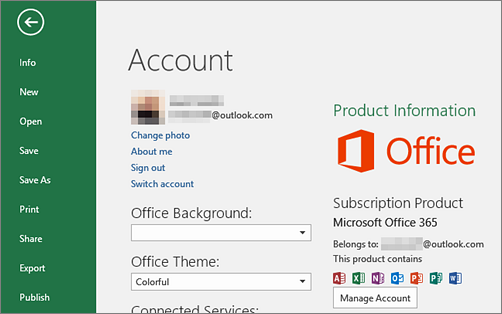 The Microsoft account associated with Office appears on the Account window of an Office application