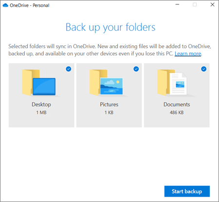 Screenshot of the Set up protection of important folders dialog box in OneDrive