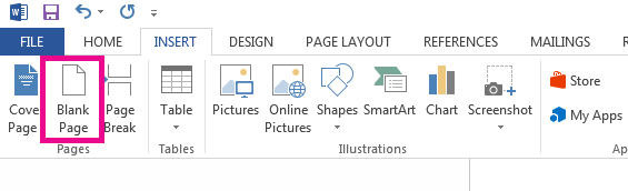 The Blank Page option is on the Insert Tab.