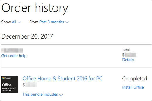 Shows the Order History page in the Microsoft Store