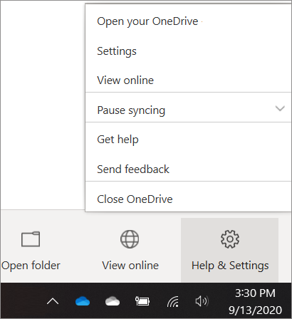 Screenshot of getting to OneDrive Settings