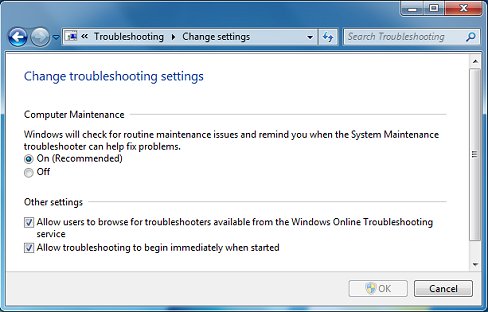 Change troubleshooting settings screen