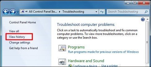  View history Troubleshooting Control Panel option