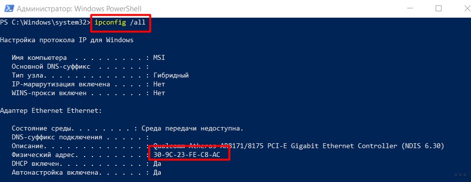 ipconfig в PowerShell