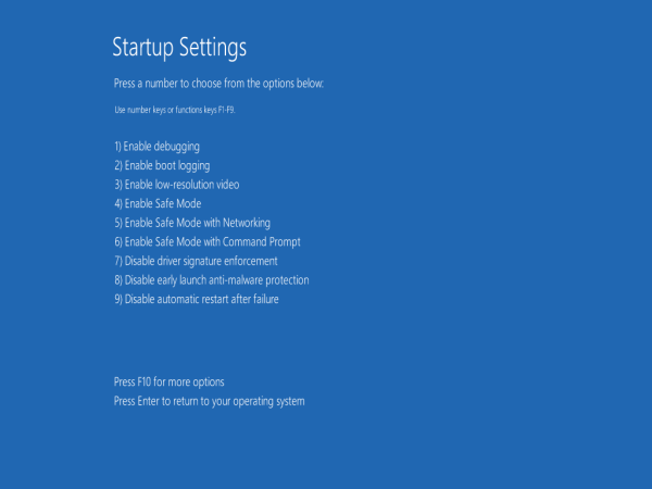 Startup settings screen