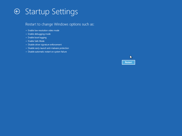 restart with startup settings enabled