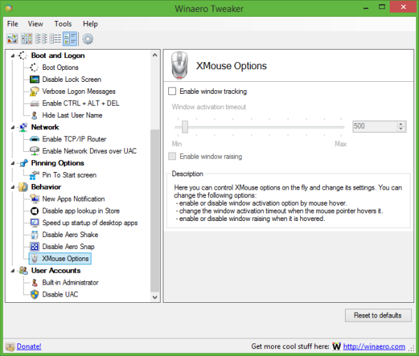 xmouse options in Winaero Tweaker