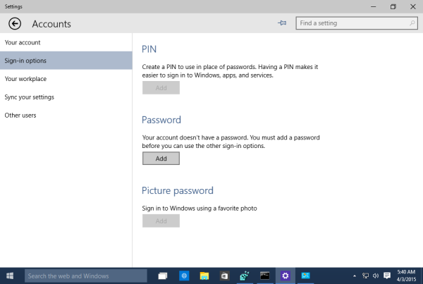 Windows 10 change password settings app