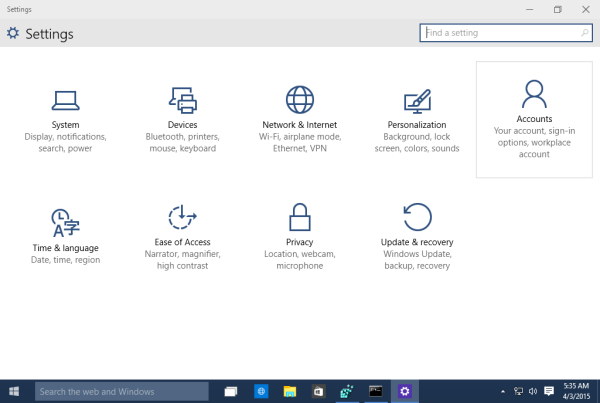 Windows 10 settings app build 10049