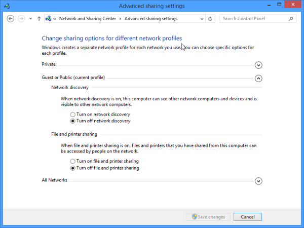 Windows 8.1 Advanced sharing settings