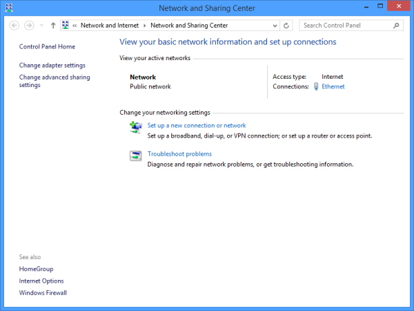 Windows 8.1 Network and Sharing Center