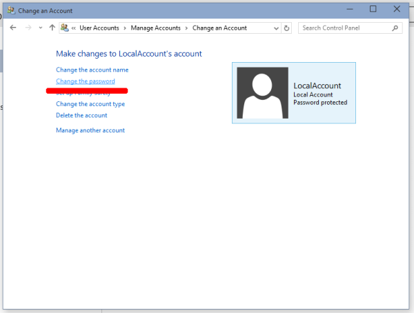 control panel windows 10 chnage the password