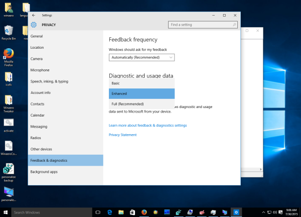 Windows 10 feedback options