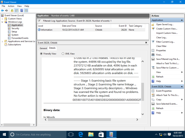 Windows 10 event viewer chkdsk details