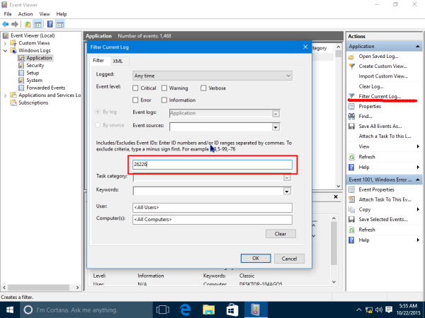 Windows 10 event viewer filter application log