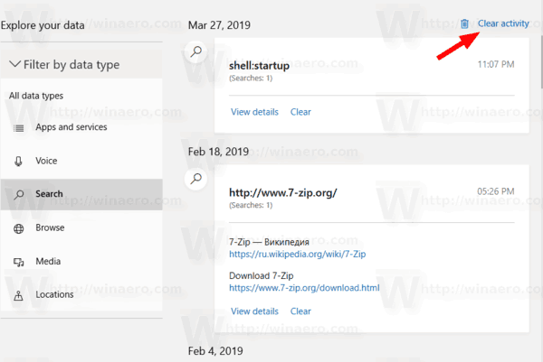 Windows 10 Clear Search Activity