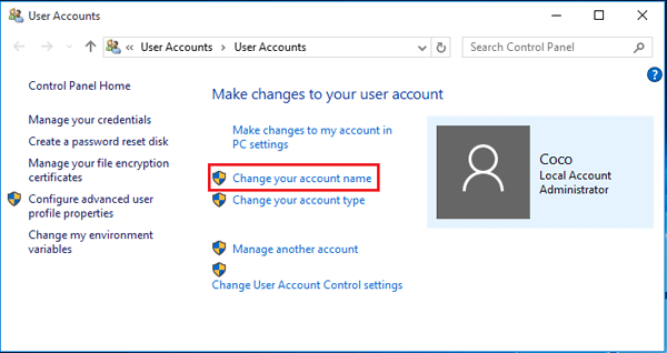 select change your account name