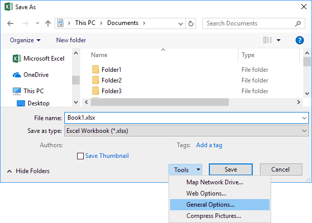 Save As Dialog Box With Tools Drop Down Menu and General Options Highlighted