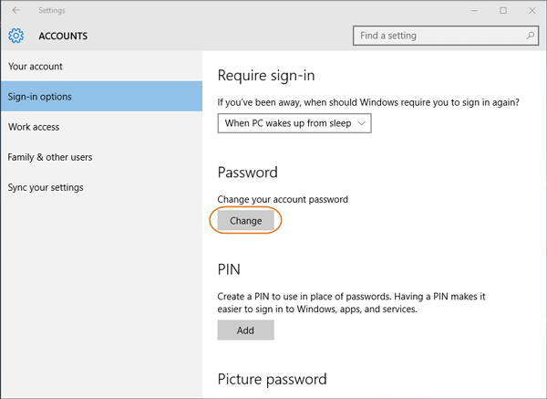 choose to change windows 10 sign in password