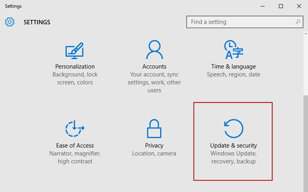 choose update and recovery option in windows 10 settings