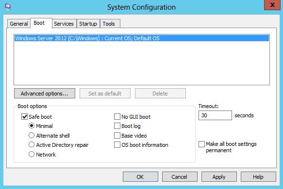 set windows server 2012 boot in safe mode